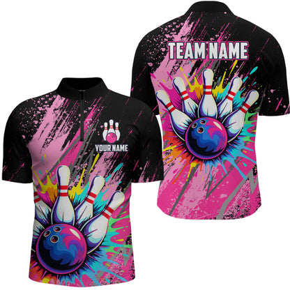 Custom Pink Bowling Shirt for Women Men Bowling Water Color Bowling Polo & 1/4 Zip Shirts MBL37