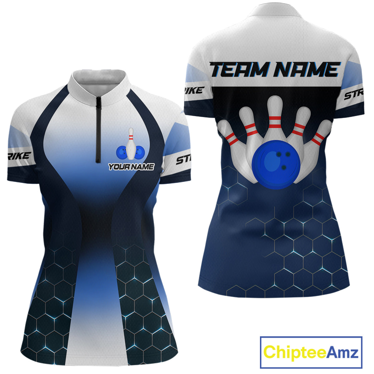 White and Blue Bowling Shirts for Men Women Team Custom Bowling Polo & Quarter Zip MBL105
