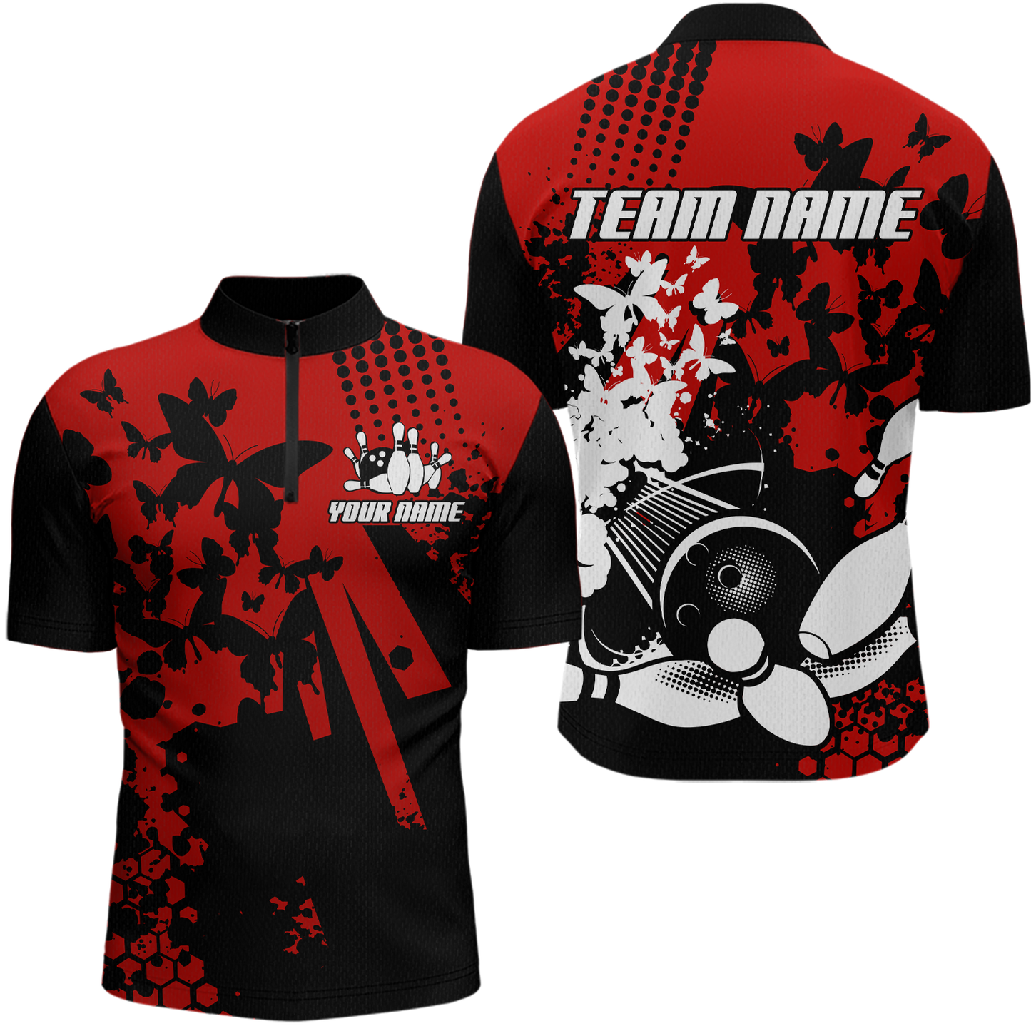 Custom Red Butterflies Bowling Shirts for Men Women Bowling Jersey Team Name MBL79