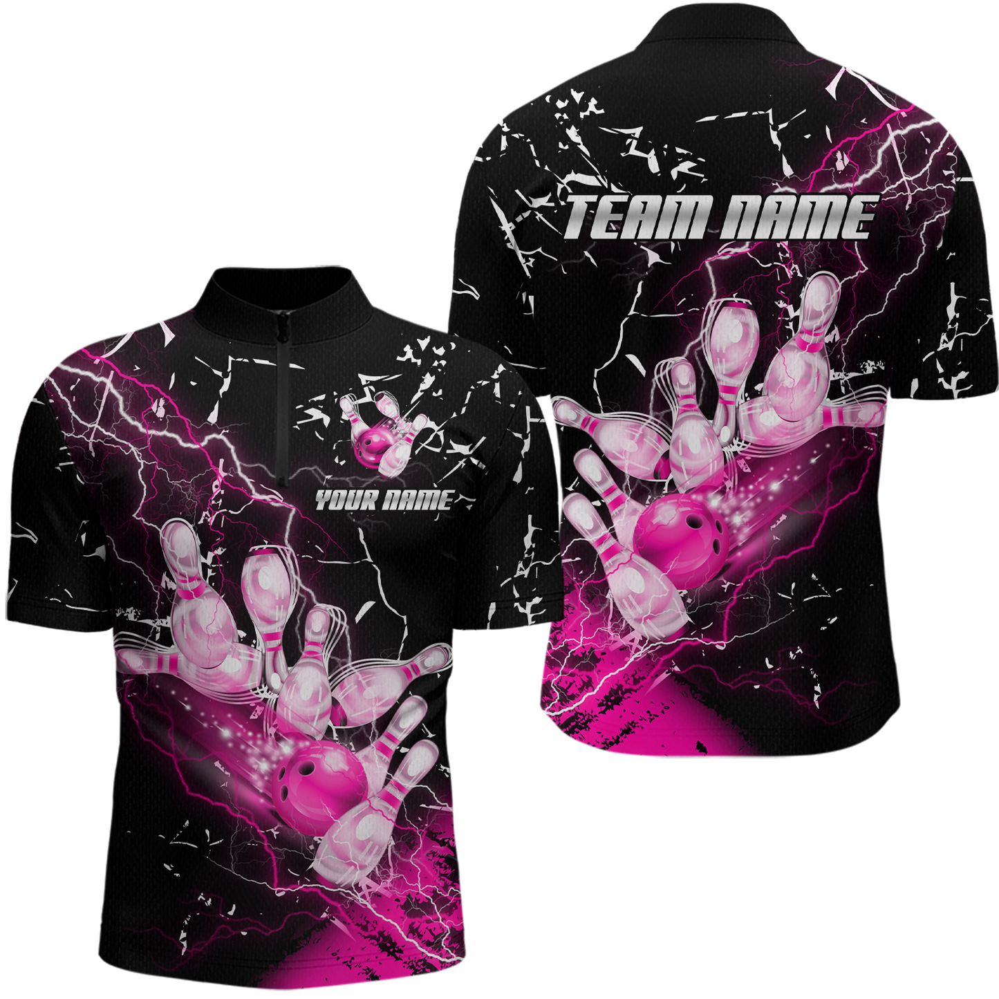 Custom Pink Lightning Bowling Shirts for Men Women Team Bowling Polo & 1/4 Zip MBL80