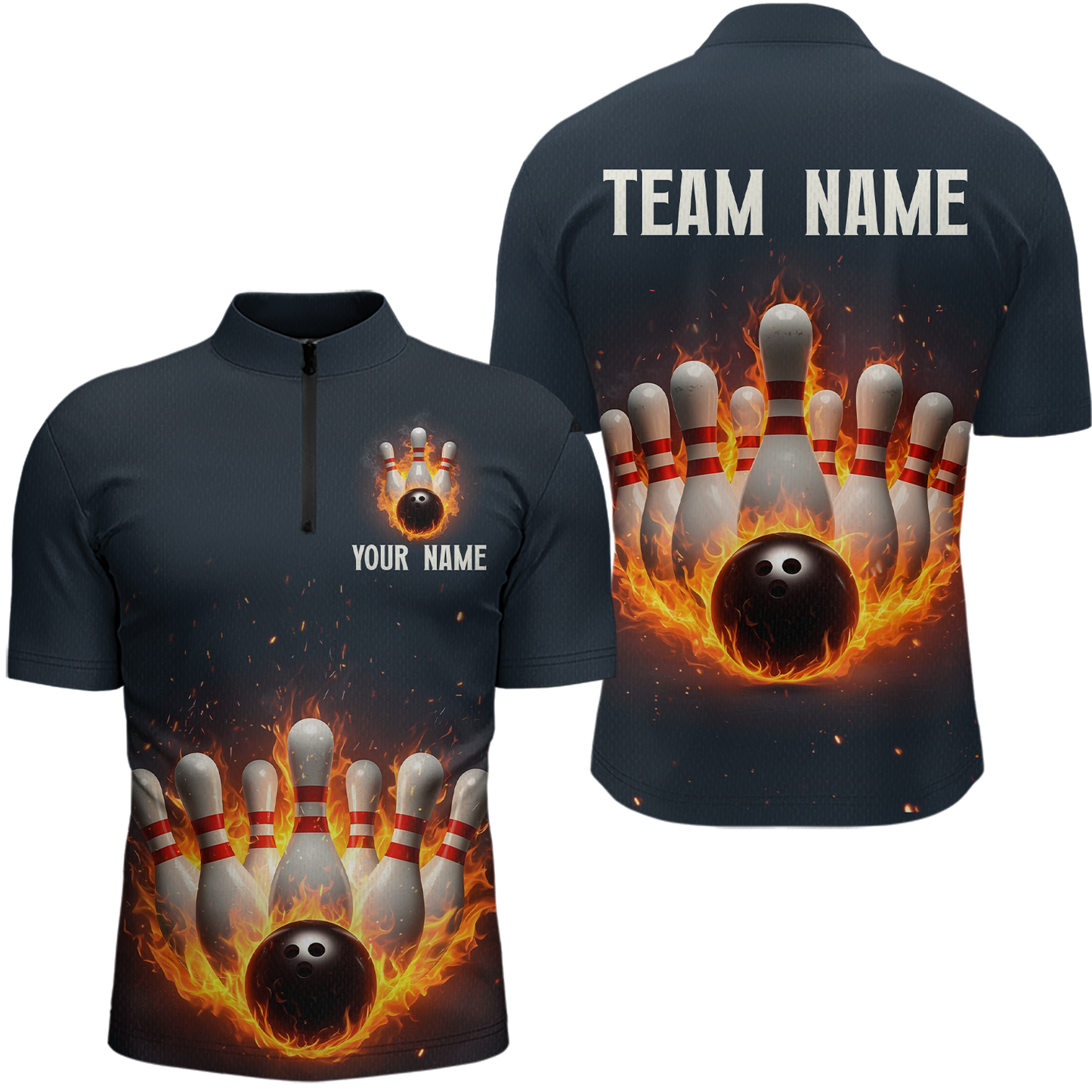 Custom Flaming Bowling Shirt for Men Women Fire Bowling Polo Shirts & Quarter Zip MBL83