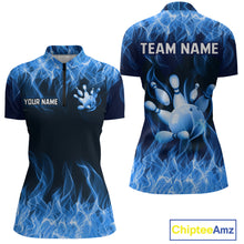 Load image into Gallery viewer, Custom Blue Flame Bowling Jersey for Women Bowling Uniform Polo &amp; 1/4 Zip Bowling Team Shirts HNT106
