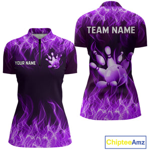 Custom Purple Flame Bowling Jersey for Women Bowling Uniform Polo & 1/4 Zip Bowling Team Shirts HNT106