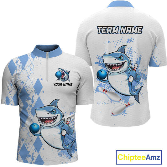 Blue Shark Bowling Custom Men Bowling Shirt Polo & Quarter-Zip Bowling Team Jerseys HNT62