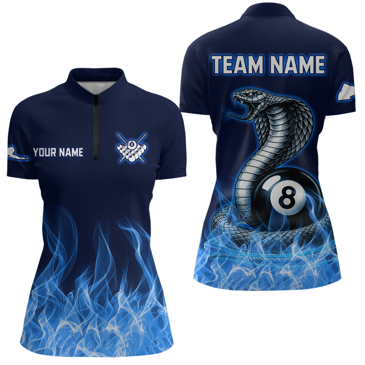 Custom Blue Cobra Snake 8 Ball Pool Flame Billiard Shirts for Women Team Polo & 1/4 Zip Shirts NNT56