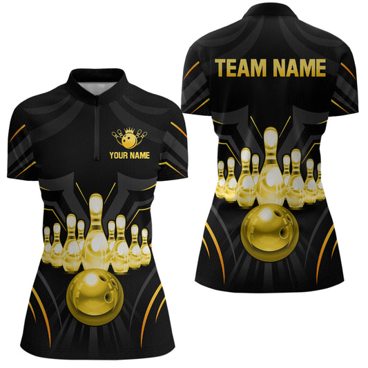 Black and Gold Custom Name Bowling Jerseys For Women Bowling Team Shirts Bowling Pin And Ball HNT26