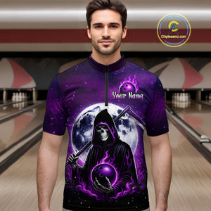 Custom Purple Skeleton Bowling Jersey for Men Bowling Uniform Polo & 1/4 Zip Bowling Team Shirts HNT109