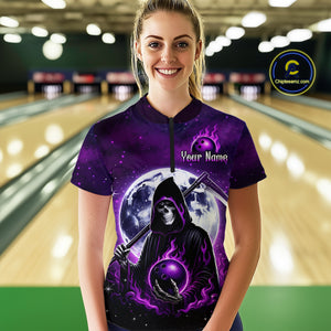 Custom Purple Skeleton Bowling Jersey for Women Bowling Uniform Polo & 1/4 Zip Bowling Team Shirts HNT109