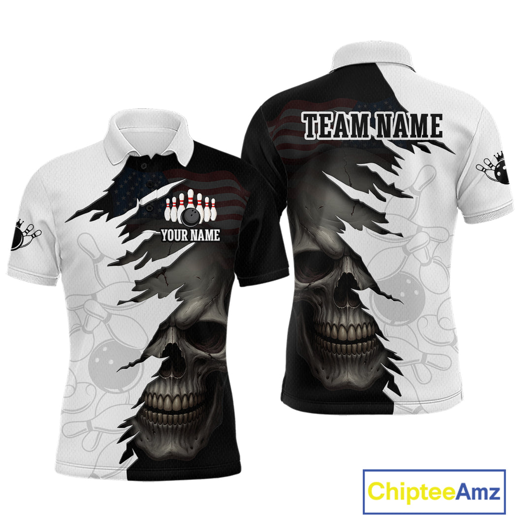 Custom Black White Skull Bowling Jersey for Men Bowling Polo & 1/4 Zip Bowling Team Shirts HNT111