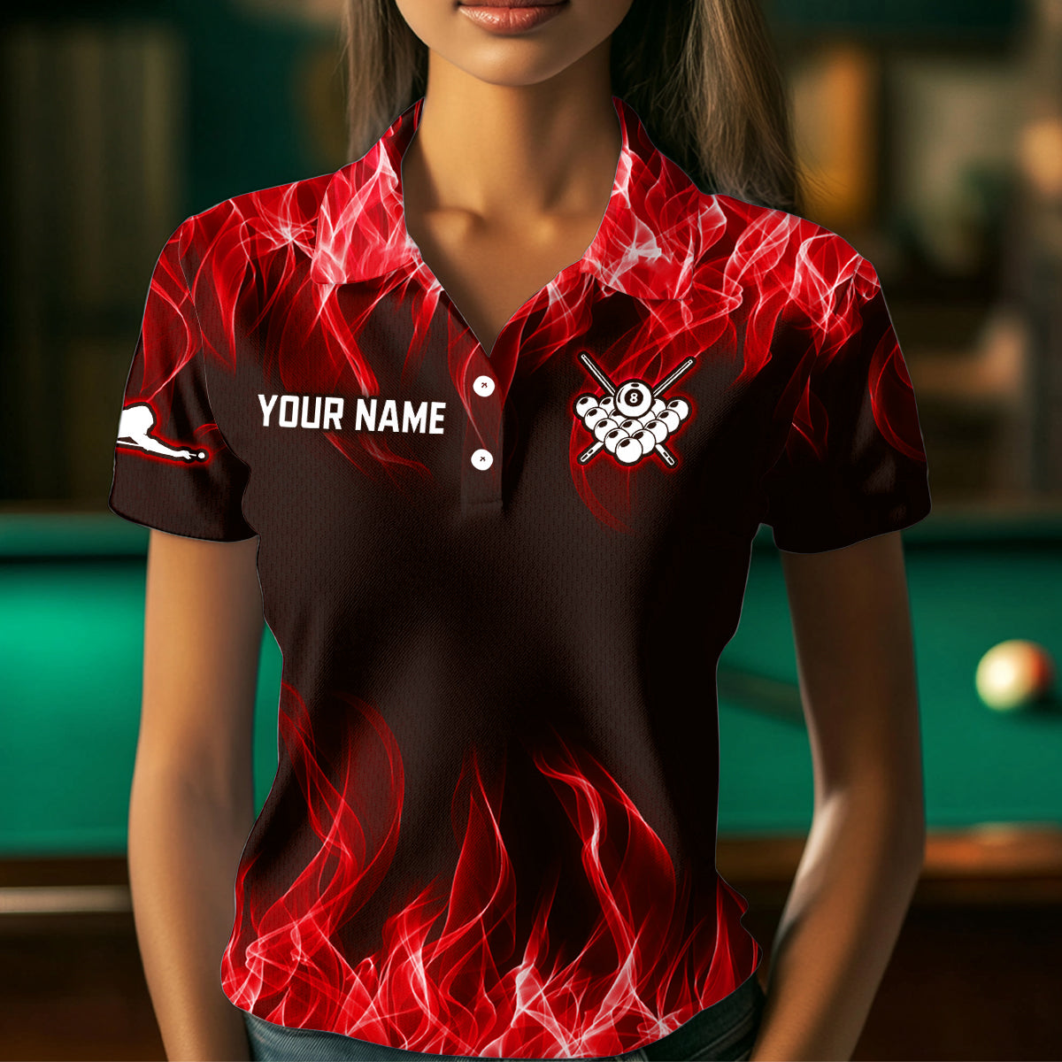 Red Flaming 8 Ball Pool Shirts Women Billiard Polo & 1/4 Zip Shirts Billiard Team Jerseys NNT10