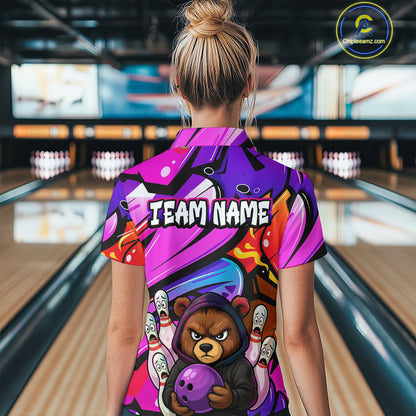 Custom Funny Bear Bowling Women Bowling Shirt Polo & Quarter-Zip Bowling Team Jerseys HNT84