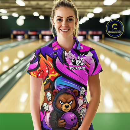 Custom Funny Bear Bowling Women Bowling Shirt Polo & Quarter-Zip Bowling Team Jerseys HNT84