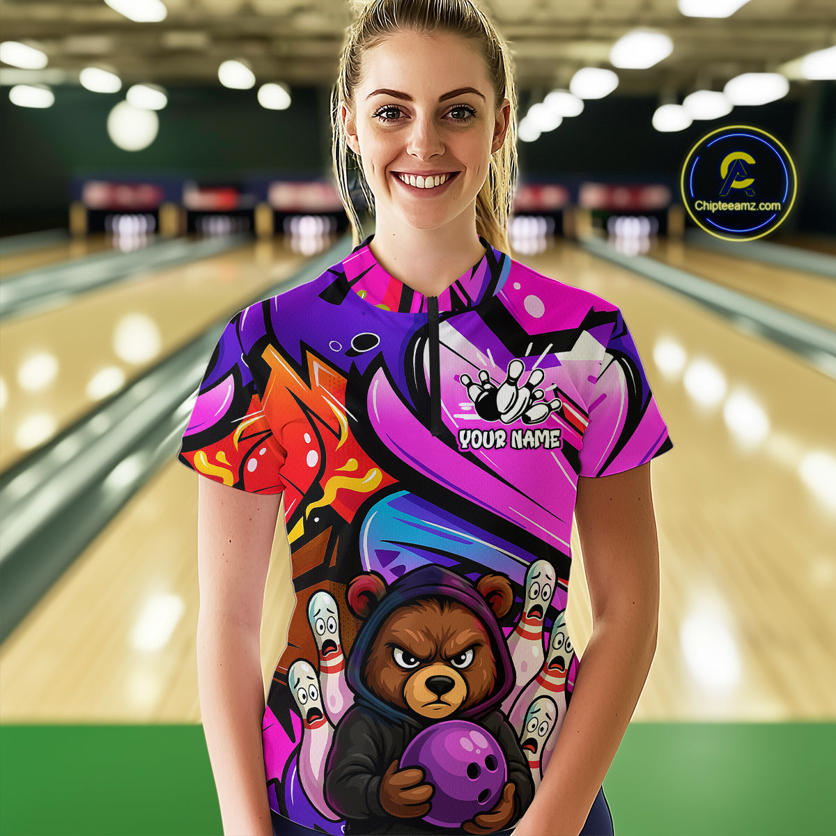 Custom Funny Bear Bowling Women Bowling Shirt Polo & Quarter-Zip Bowling Team Jerseys HNT84