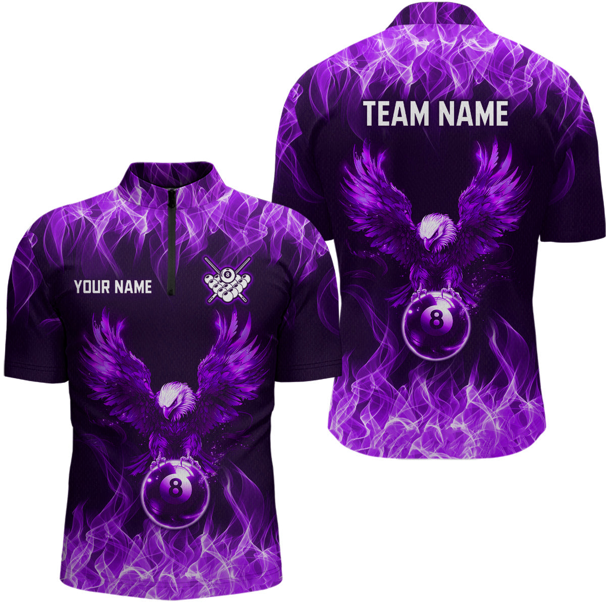 Personalized Purple Eagle Flaming 8 Ball Pool Bliiard Polo & 1/4 Zip, Billiard Shirt for Men, Billiard Team Jerseys NNT36