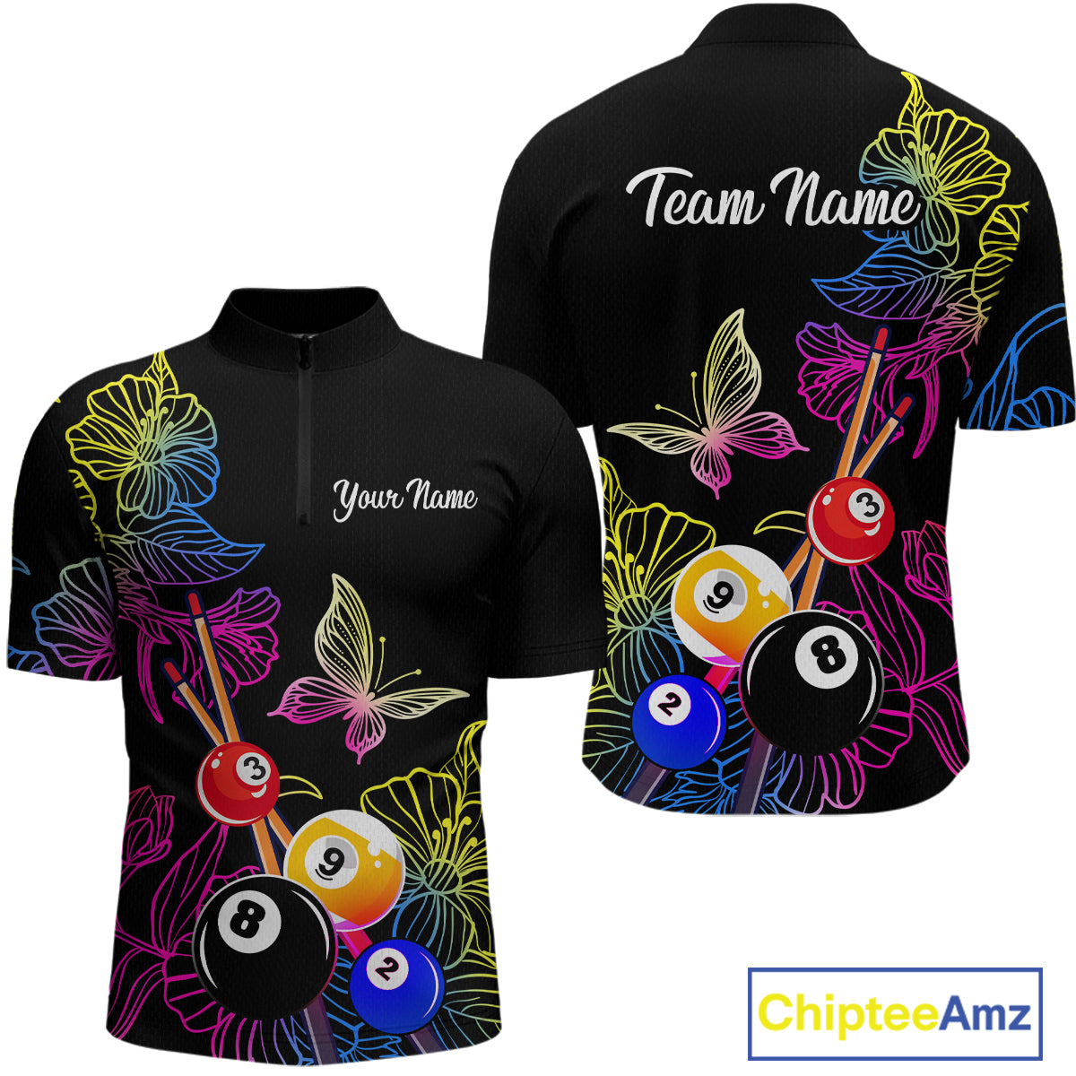 Custom Butterfiles Ball Billiard Shirts for Men Billiard Team Jerseys Polo & 1/4 Zip Shirts NNT51