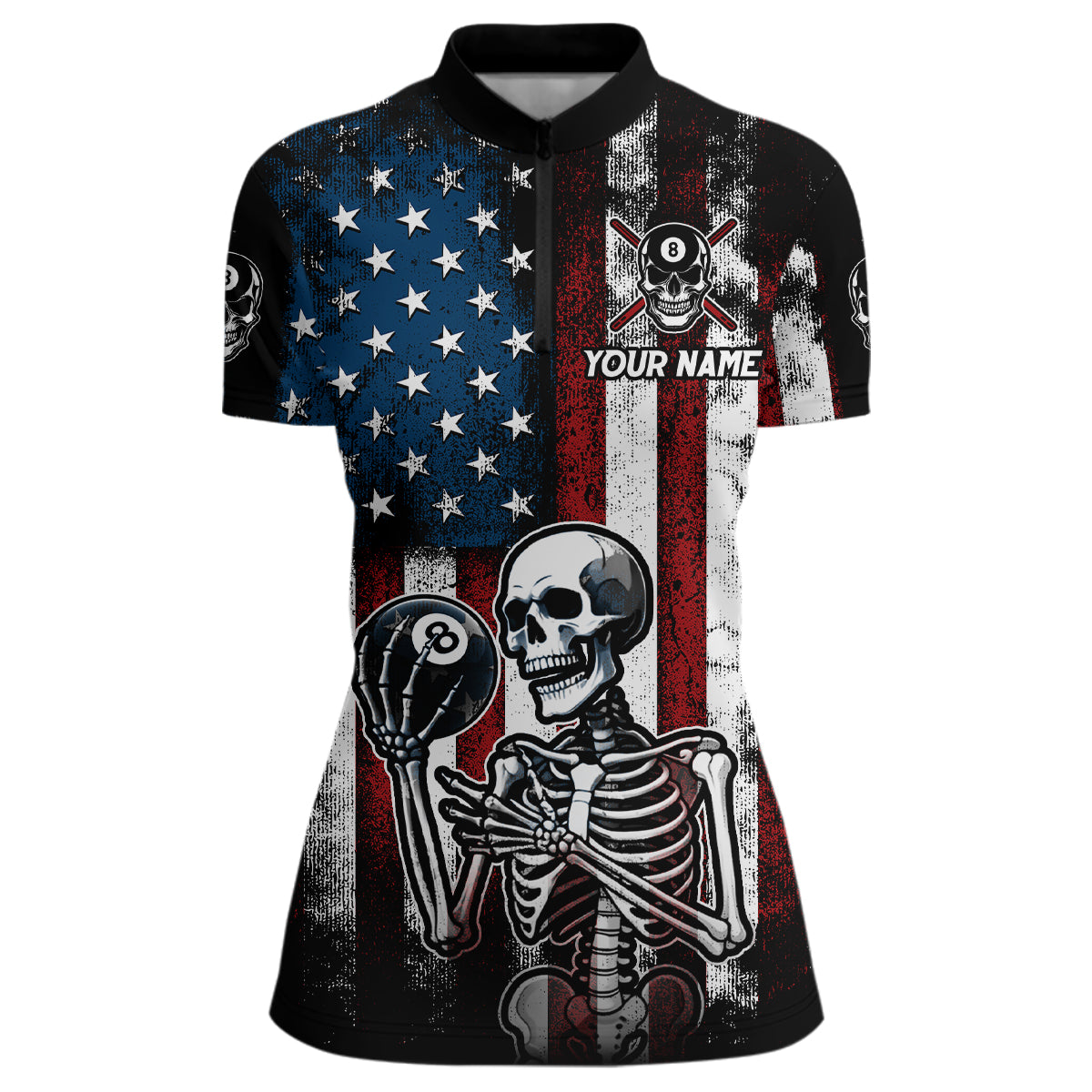 Custom US Skull 8 Ball Billiard Shirts for Women Billiard Team Shirts Billiard League Polo & 1/4 Zipper NNT86