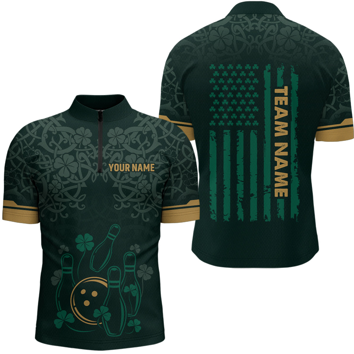 Custom Name St Patrick's Day US Flag Bowling Shirt Men Team Polo & 1/4 Zip Shirts Bowling Team HNT14