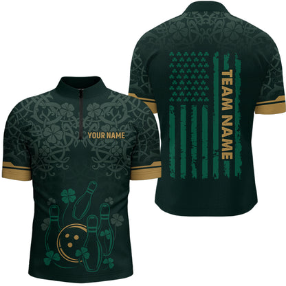 Custom Name St Patrick's Day US Flag Bowling Shirt Men Team Polo & 1/4 Zip Shirts Bowling Team HNT14