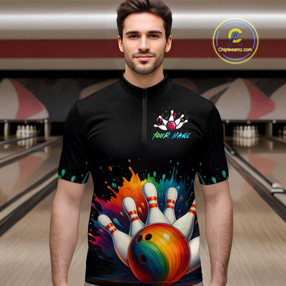 Custom Funny Colorful Bowling Jersey for Men Bowling Uniform Polo & 1/4 Zip Bowling Team Shirts HNT116