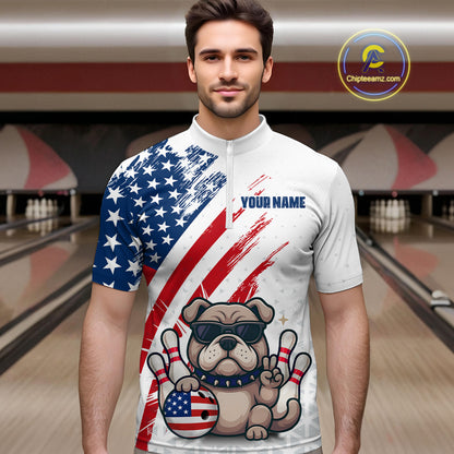 Funny US Flag French Bulldog Bowling Men Polo & 1/4 Zip Shirts Bowling Team Jersey HNT88
