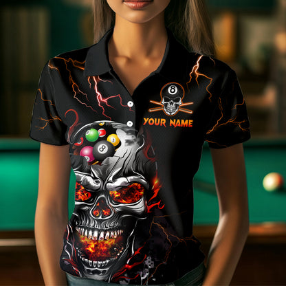 Thunder Skull Billiard Jerseys Women Polo & 1/4 Zip Shirt Skull 8 Ball Pool Billiard NNT03