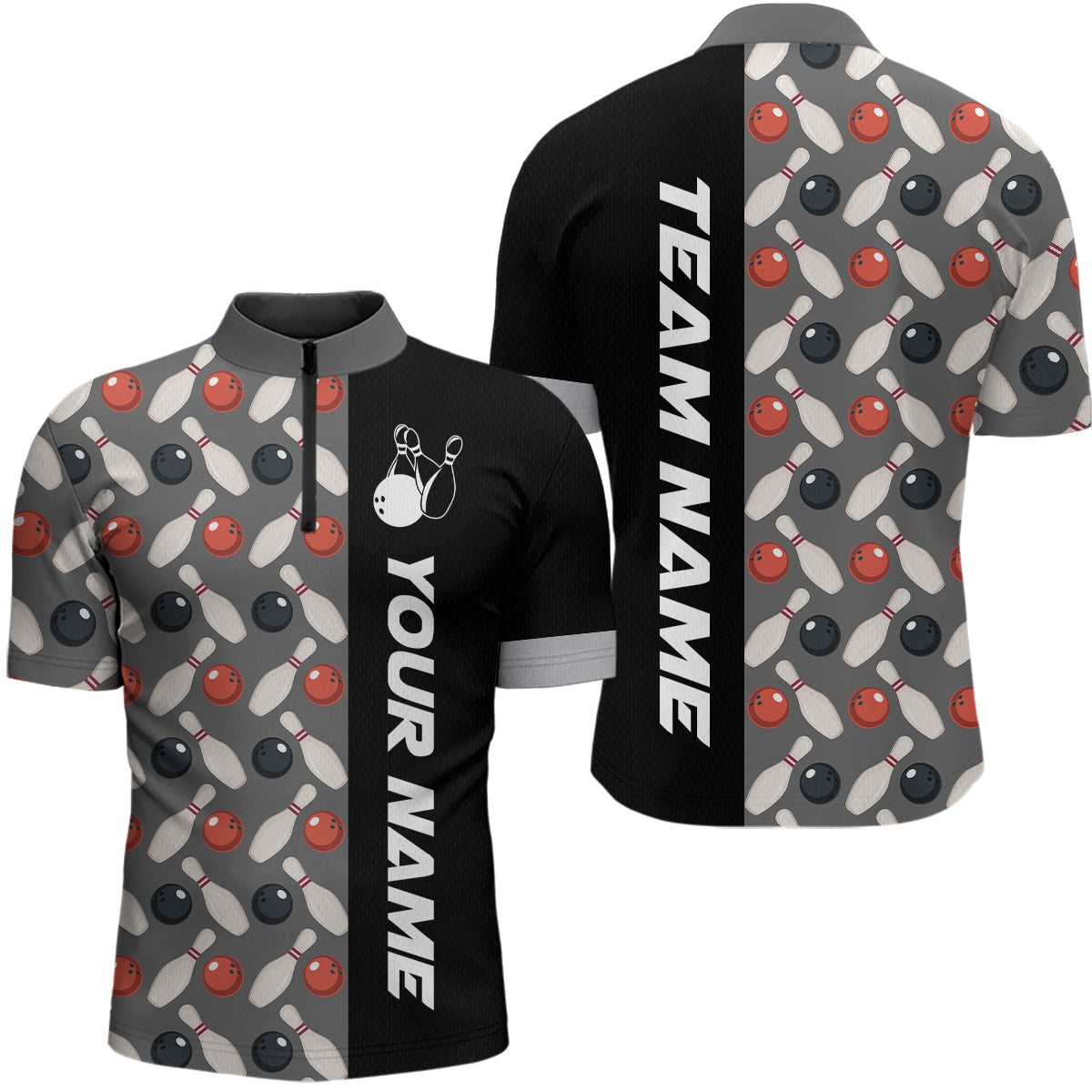 Dark Grey Bowling Pattern Custom Men Bowling Polo & Quarter-Zip Shirts Bowling Team Jerseys HNT45