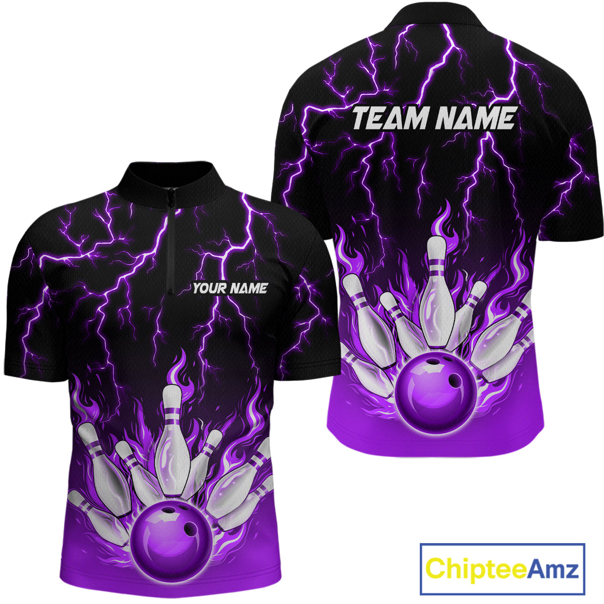 Purple Thunder Bowling Custom Men Bowling Shirt Polo & Quarter-Zip Bowling Team Shirts HNT71