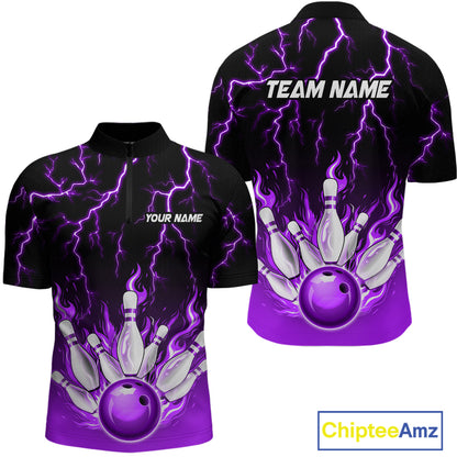 Purple Thunder Bowling Custom Men Bowling Shirt Polo & Quarter-Zip Bowling Team Shirts HNT71