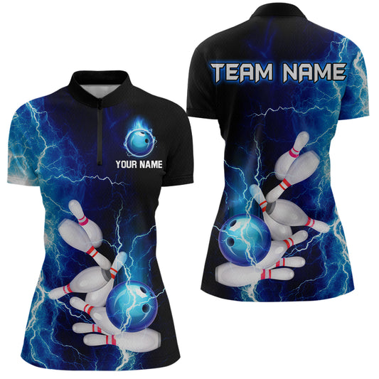 Blue Thunder Bowling Shirt for Women Custom Polo & Quarter-Zip Team Bowling Jersey Bowling Team Shirt HNT22