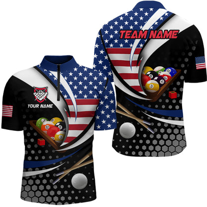 Custom US Flag 8 Ball Billiard Shirts for Men Billiard Team Shirts Billiard League Polo & 1/4 Zipper NNT83