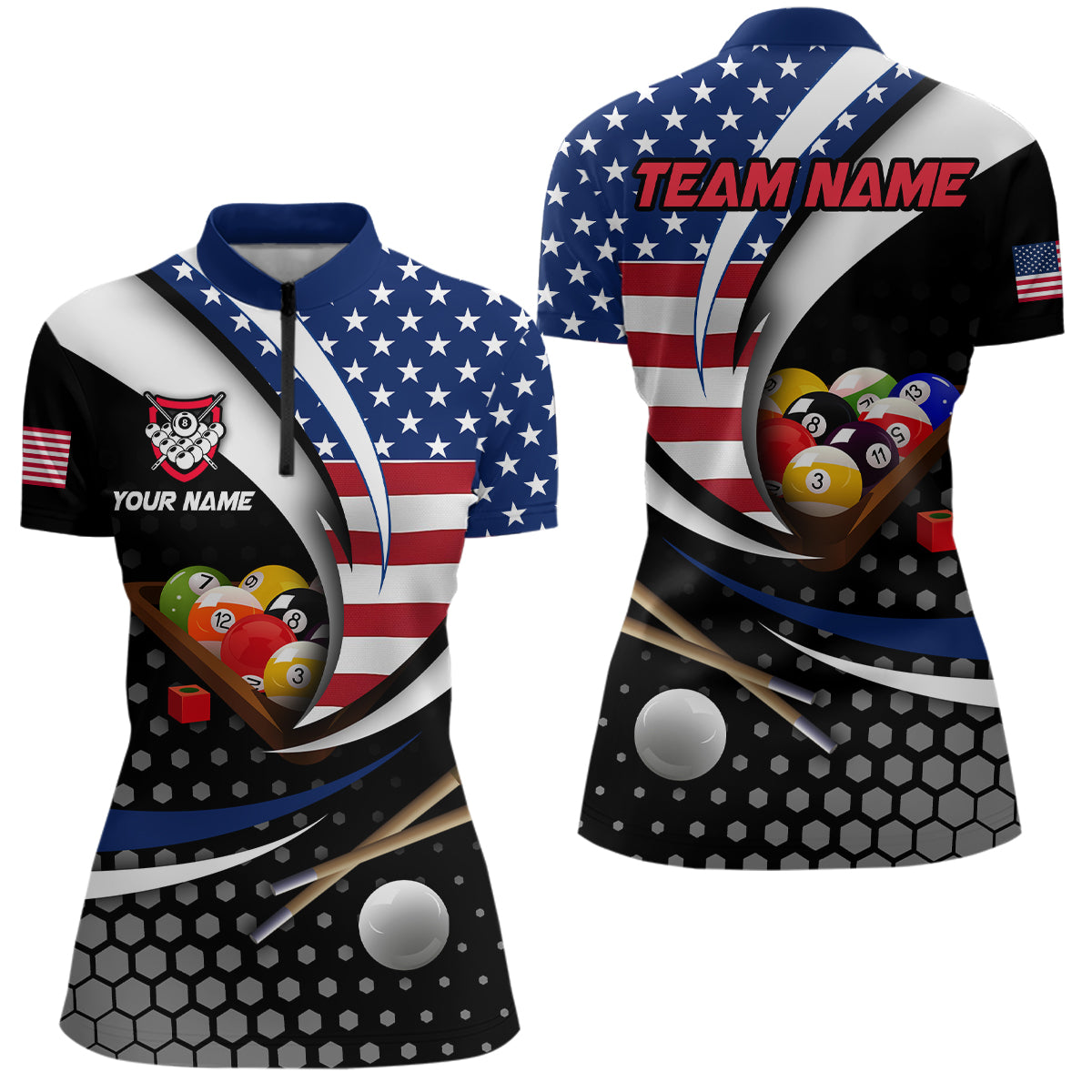 Custom US Flag 8 Ball Billiard Shirts for Women Billiard Team Shirts Billiard League Polo & 1/4 Zipper NNT83