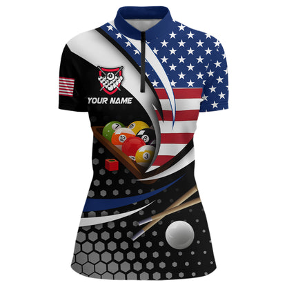 Custom US Flag 8 Ball Billiard Shirts for Women Billiard Team Shirts Billiard League Polo & 1/4 Zipper NNT83