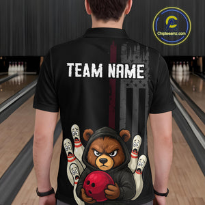 Custom American Flag Bear Bowling Men Polo & 1/4 Zip Shirts Bowling Team Jerseys HNT90