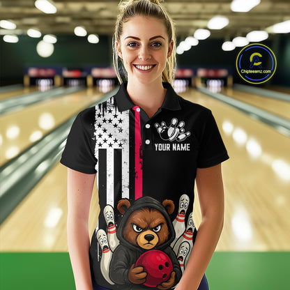 Custom American Flag Bear Bowling Women Polo & 1/4 Zip Shirts Bowling Team Jerseys HNT90