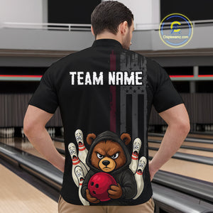 Custom American Flag Bear Bowling Men Polo & 1/4 Zip Shirts Bowling Team Jerseys HNT90