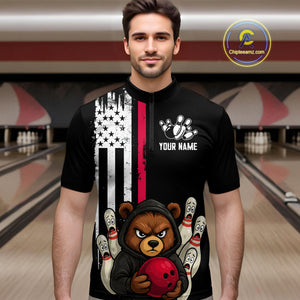 Custom American Flag Bear Bowling Men Polo & 1/4 Zip Shirts Bowling Team Jerseys HNT90