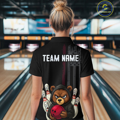 Custom American Flag Bear Bowling Women Polo & 1/4 Zip Shirts Bowling Team Jerseys HNT90