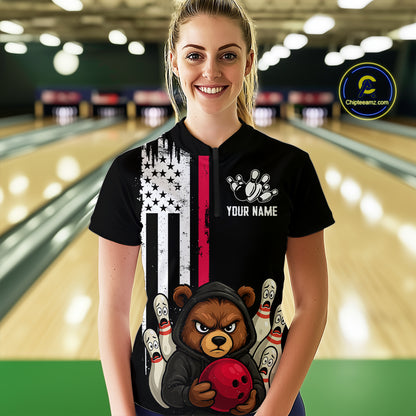 Custom American Flag Bear Bowling Women Polo & 1/4 Zip Shirts Bowling Team Jerseys HNT90