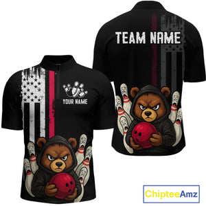Custom American Flag Bear Bowling Men Polo & 1/4 Zip Shirts Bowling Team Jerseys HNT90