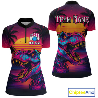 Custom Neon Dinosaur Bowling Women Bowling Shirt Polo & Quarter-Zip Bowling Team Jerseys HNT78