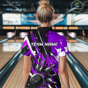 Custom Purple Bowling Jersey for Women Bowling Uniform Polo & 1/4 Zip Bowling Team Shirts HNT105
