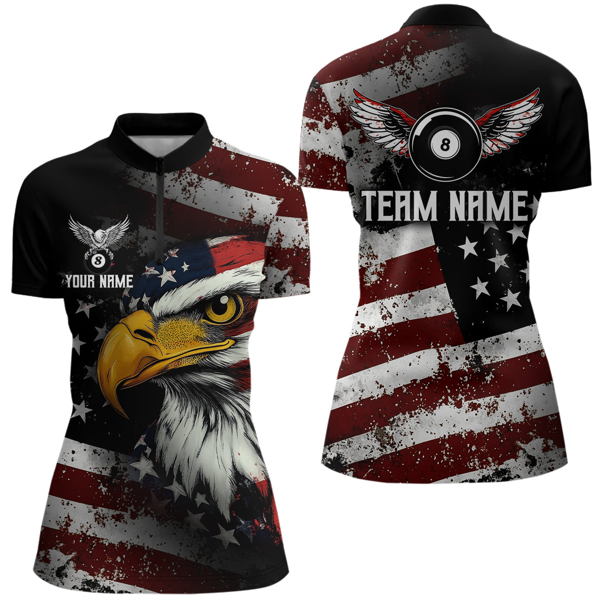American Flag Billiard Shirt Funny Eagle Billiard Jersey Billiard for Women Polo & 1/4 Zip Shirt NNT06