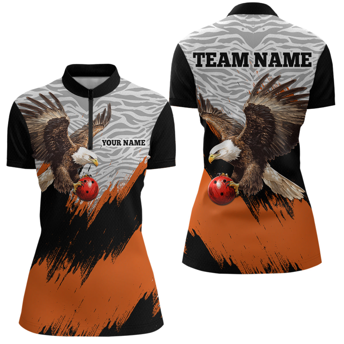 Custom Name Orange Eagle Bowling Shirt Bowling Jersey for Women Polo & 1/4 Zip Shirt Team League HNT07