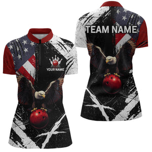 US Flag Eagle Custom Name Bowling Team Shirts For Women Bowling League Polo & 1/4 Zip Shirt HNT06