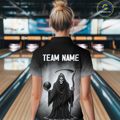 Custom Black Skeleton Bowling Jersey for Women Bowling Uniform Polo & 1/4 Zip Bowling Team Shirts HNT110