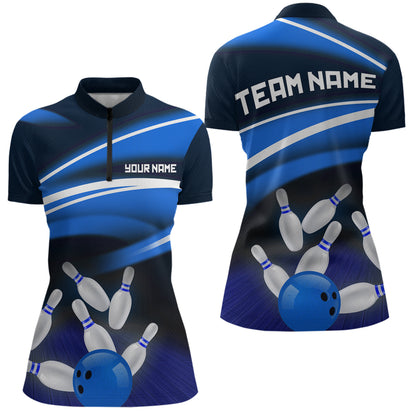 Custom Blue Bowling Jersey Bowling Team Shirts For Women Bowling League Polo & 1/4 Zip HNT163