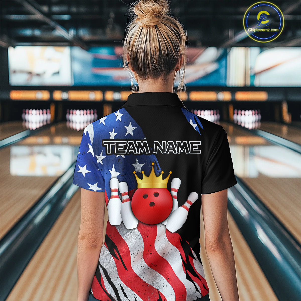 Custom US Flag Crown Bowling Women Bowling Shirt Polo & Quarter-Zip Bowling Team Jerseys HNT85