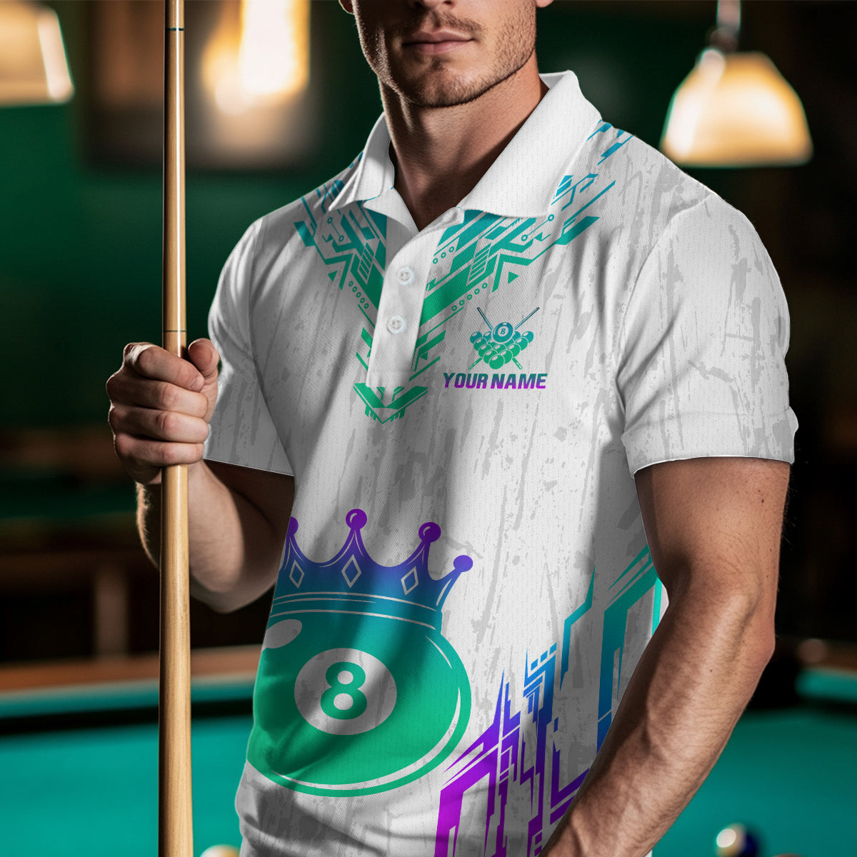 Custom White Neon 8 Ball Crown Billiard Shirts for Men and Team Polo & 1/4 Zip Shirts NNT48