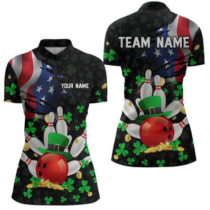 Personalized US Flag St Patrick Day Funny Bowling Shirt Women Team Polo & 1/4 Zip Shirts HNT12