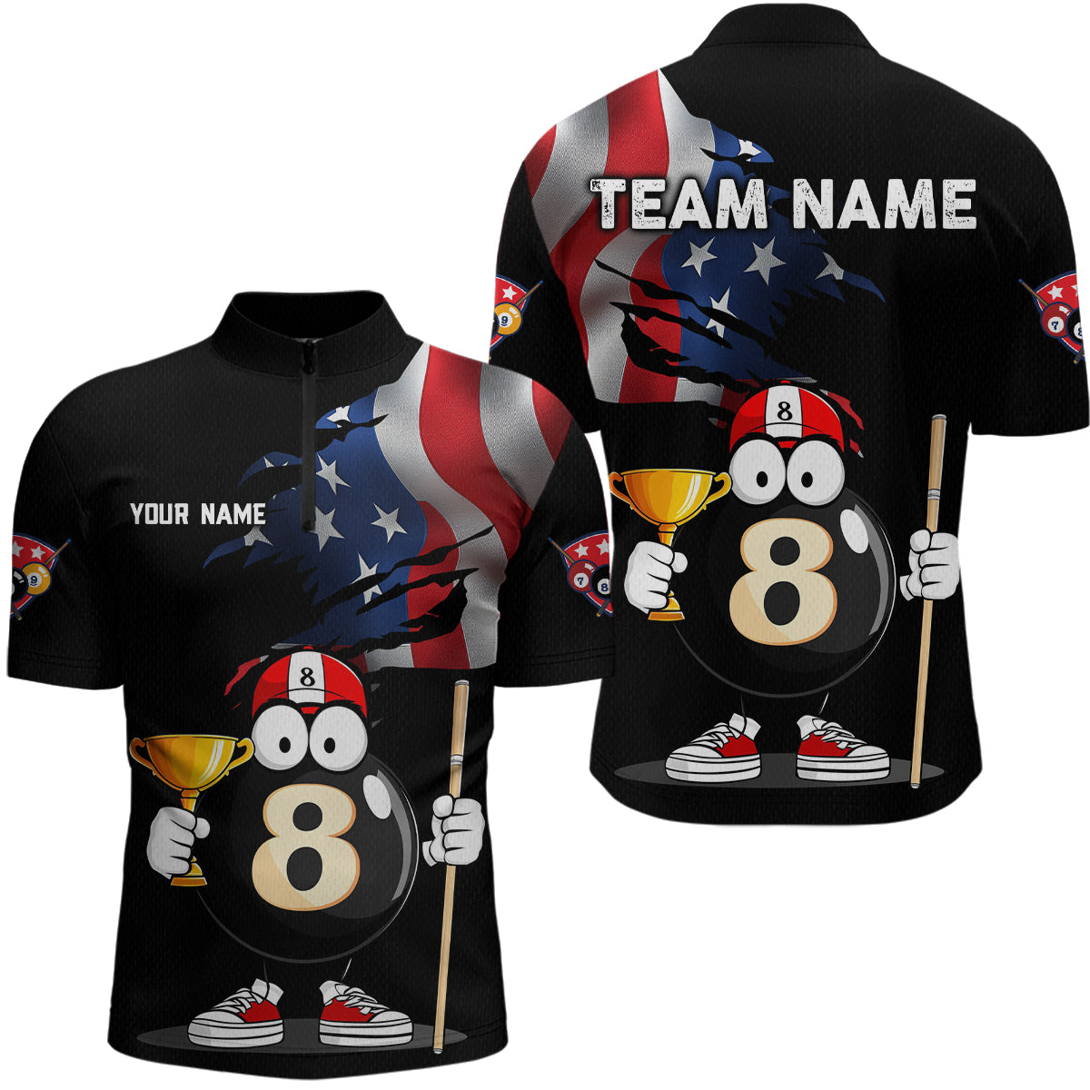 US Flag Funny 8 Ball Billiard Jersey Men Billiard Shirt for Men Team Polo & 1/4 Zip NNT12